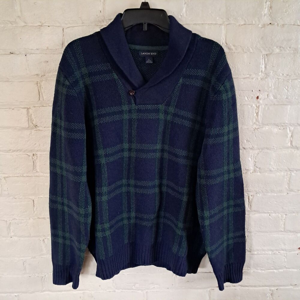 Lands End Mens Large Shawl Collar Tartan Plaid Wool Sweater Leather Elbow Patch